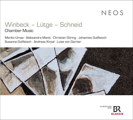 "Winbeck - Lütge - Schneid. Chamber Music. Mariko Umae, Aleksandra Manic, Christian Döring. Abstrakte geometrische Illustration."