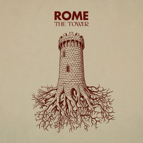 Text: "ROME THE TOWER". Eine Skizze zeigt einen Turm, der unten in weit verzweigte Wurzeln übergeht.