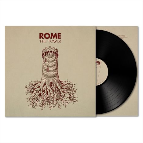 "ROME THE TOWER" steht über einem Turm mit Baumwurzeln. Daneben eine schwarze Vinyl-Schallplatte.