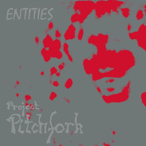 "ENTITIES" oben links, "Project Pitchfork" unten; rote, abstrakte Gesichtszüge auf grauem Hintergrund.