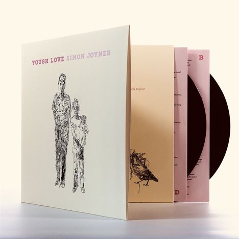 "Tough Love Simon Joyner" auf einem Plattencover. Zeichnung von zwei stehenden Personen vorne. Schallplatten sind sichtbar.