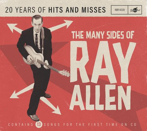 "20 YEARS OF HITS AND MISSES", "THE MANY SIDES OF RAY ALLEN". Ein Mann mit Gitarre, Pfeile im Hintergrund.