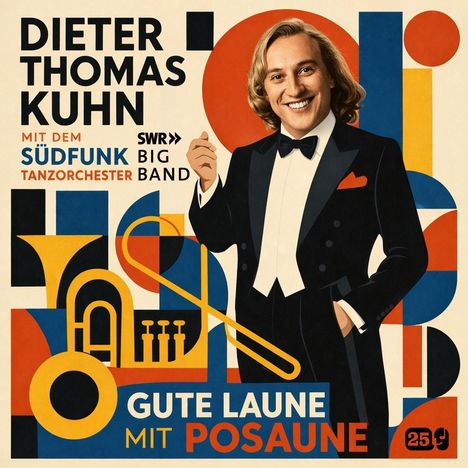 "Dieter Thomas Kuhn mit dem Südfunk Tanzorchester SWR Big Band. Gute Laune mit Posaune." Ein Mann in Frack lächelt.
