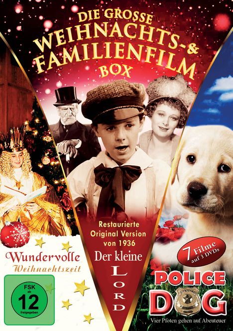 „Die große Weihnachts- & Familienfilm Box“, „Wundervolle Weihnachtszeit“, „Der kleine Lord“, „Police Dog“. Bilder von Szenen und einem Hund.