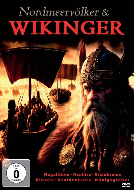 „Nordmeervölker & Wikinger“ in roter und weißer Schrift. Krieger mit Helm, Langschiffe im Hintergrund bei Sonnenuntergang.