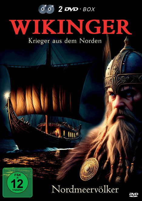 "WIKINGER Krieger aus dem Norden" steht über einem Wikinger mit Helm und langem Bart, neben einem Segelschiff bei Nacht.