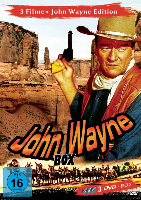 "3 Filme - John Wayne Edition", "John Wayne Box", "FSK ab 16 freigegeben". Westernkulisse, Cowboy mit gezückter Waffe.