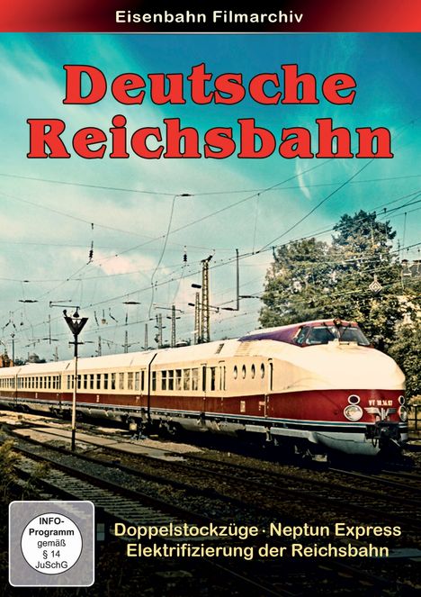 „Deutsche Reichsbahn“, Eisenbahn und Oberleitungen, rote und weiße Züge, Bäume und blauer Himmel im Hintergrund.