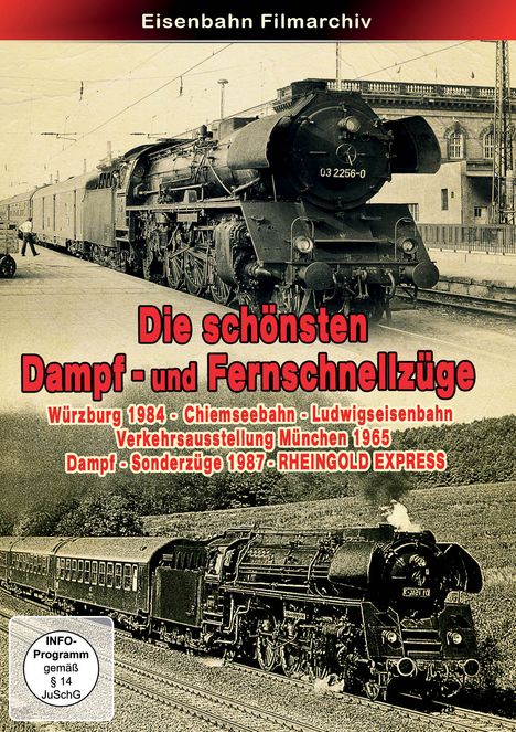 "Die schönsten Dampf- und Fernschnellzüge" in großem Rot, darunter historische Dampflokomotiven in Schwarz-Weiß.