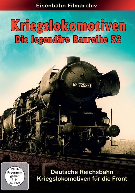 Kriegsokomotiven, Baureihe 52, Deutsche Reichsbahn; Schwarz-weiß-Bild einer Dampflokomotive auf Gleisen.