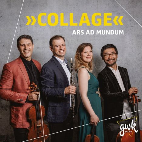 "COLLAGE" und "ARS AD MUNDUM" in gelb und weiß. Vier Personen, zwei mit Streichinstrumenten, eine mit Oboe.