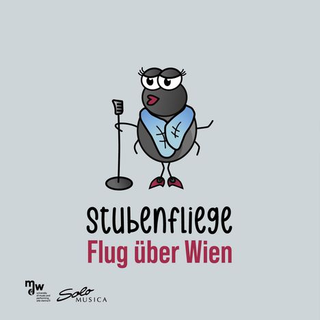 "Stubenfliege Flug über Wien" steht unter einer Cartoon-Fliege, die ein Mikrofon in der Hand hält.