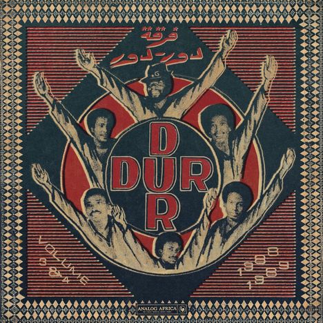 „DUR-DUR“. Illustration mit mehreren Personen, die Arme erhoben haben, in einem stilisierten, retro Design.