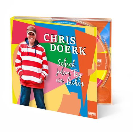 Trackliste mit zehn Haupttiteln und acht Bonustracks. Eine Person in rot-weiß gestreiftem Pullover lächelt.