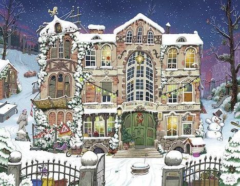 Text "Maison Moin" über Tür. Winterliche Illustration: Alte Villa im Schnee, Lichter, Schneemann, geschmückte Bäume.