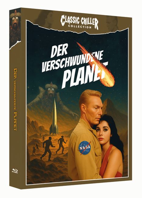 Text: "DER VERSCHWUNDENE PLANET". Illustration eines Kometen, einer Rakete und zwei Personen in einer futuristischen Umgebung.