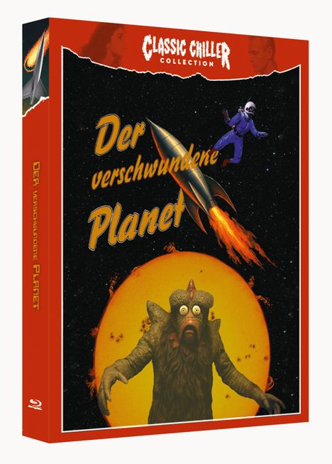 „Der verschwundene Planet“: Rakete vor Mond, Weltraumwesen im Vordergrund, Astronaut im Hintergrund, Retro-Stil.
