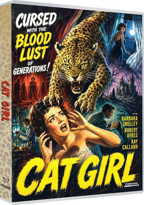 "Cursed with the Blood Lust of Generations!" Ein Leopard greift an, erschrockene Frau, nächtliche Burg im Hintergrund.