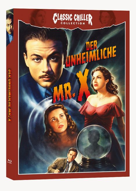 "Der unheimliche Mr. X" steht auf einem Retro-Filmplakat. Ein Mann mit Schnurrbart, zwei Frauen und eine Glaskugel sind dargestellt.