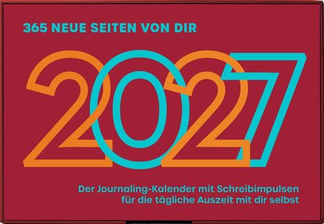 "365 NEUE SEITEN VON DIR 2027. Der Journaling-Kalender für die tägliche Auszeit." Auf rotem Hintergrund. Nummer 2027.