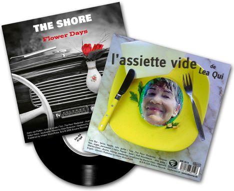 Zwei Albumcover. Erstes: "THE SHORE - Flower Days", Foto eines Oldtimer-Autos mit roten Rosen. Zweites: "l'assiette vide de Lea Qui", gelber Teller mit Gesicht.