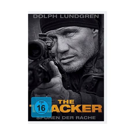 Texte: "DOLPH LUNDGREN", "THE TRACKER", "SPUREN DER RACHE", FSK 16. Ein Mann zielt mit einem Gewehr.