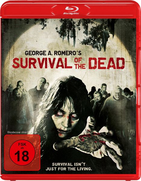 Blu-ray-Hülle: "George A. Romero’s Survival of the Dead". FSK 18. Dunkle Zombie-Szene mit blutverschmiertem Gesicht.