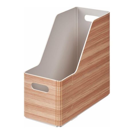 Eine Holz-Optik Zeitschriftenbox mit seitlichen Grifföffnungen.