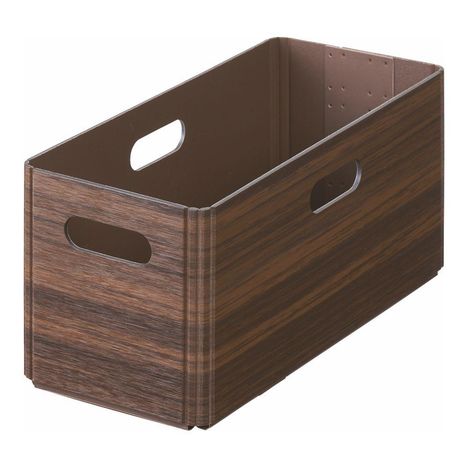 Ein rechteckiger, holzfarbener Aufbewahrungskorb mit Grifföffnungen an den Seiten.