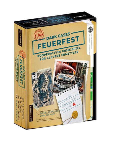 Text: "Dark Cases: Feuerfest. Kooperatives Krimispiel für clevere Ermittler." 
Schachtel mit Ermittlungsdokumenten.
