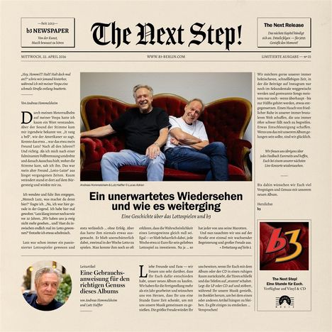 Texte: "Ein unerwartetes Wiedersehen und wie es weiterging", "Eine Gebrauchsanweisung für den richtigen Genuss dieses Albums", "b3 NEWSPAPER". Enthält ein Zeitungsdesign mit zwei lachenden Personen auf einem Sofa. Logo "b3".