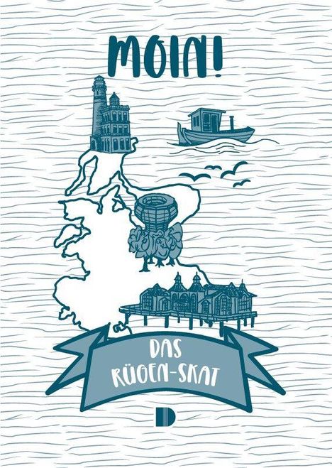 "MOIN!" oben, "Das Rügen-Skat" unten. Illustration von Rügen mit Leuchtturm, Boot, Fass, und einem Gebäude.