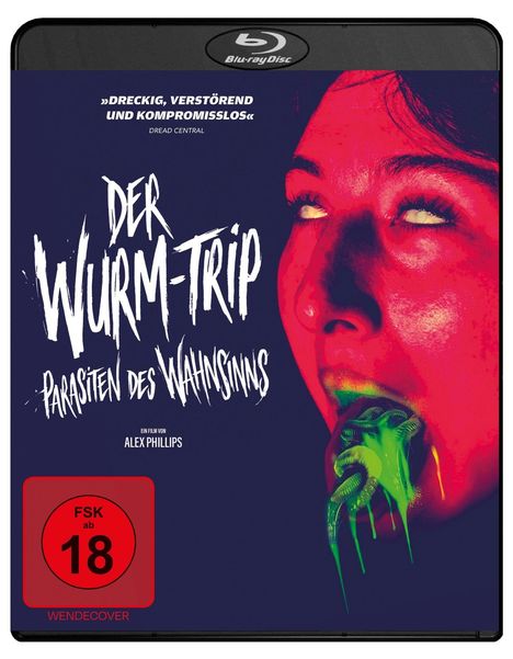„DER WURM-TRIP: PARASITEN DES WAHNSINNS“, FSK 18, Frau mit grünem Wurm aus dem Mund, Neonfarben und Blu-ray Disc Logo.