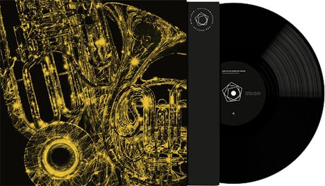 "Auction Contract" auf der Plattenmitte. Schwarze Vinylplatte, Deckblatt mit gelber, funkelnder Instrumentengrafik.