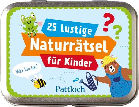 „25 lustige Naturrätsel für Kinder“; „Wer bin ich?“ Biene, Frosch mit Blume, Bär mit Gießkanne.
