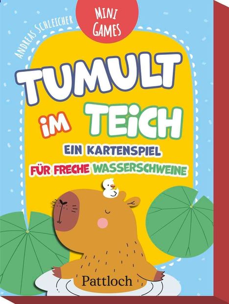 "Tumult im Teich", Kartenspiel für freche Wasserschweine. Illustration: Wasserschwein mit Ente, Seerosen.