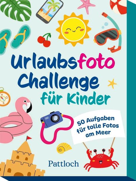 "Urlaubsfoto Challenge für Kinder", "50 Aufgaben für tolle Fotos am Meer". Sonniges Design mit Strandmotiven.