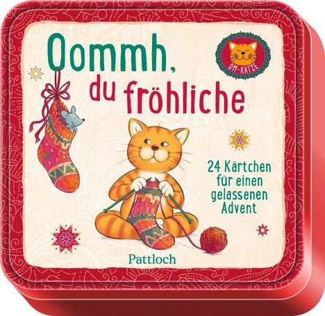 Texte: "Oommh, du fröhliche", "24 Kärtchen für einen gelassenen Advent", "Pattloch". Illustration: Strickende Katze.