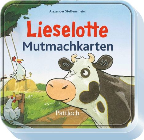 "Lieselotte Mutmachkarten" steht oben. Eine fröhliche, gezeichnete Kuh und ein Huhn auf einer Schaukel sind abgebildet.