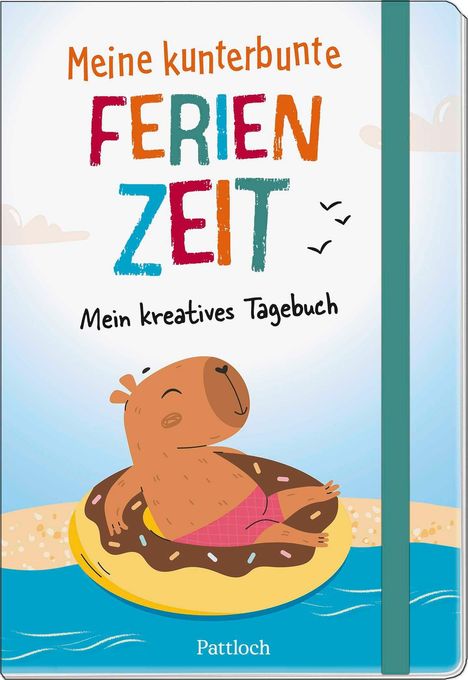 „Meine kunterbunte Ferienzeit. Mein kreatives Tagebuch.“ Illustration: Ein Bär auf einem Schwimmreifen im Wasser.