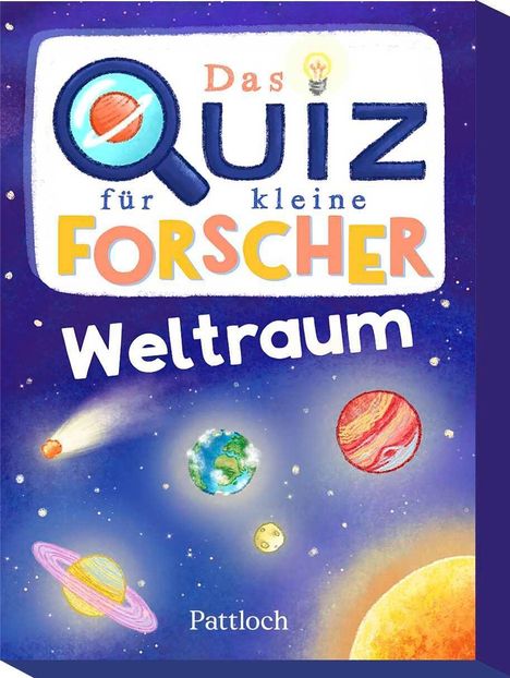 "Das Quiz für kleine Forscher Weltraum." Illustration mit Planeten, einem Kometen und einem farbenfrohen, kindgerechten Stil.
