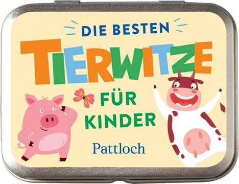 Text: "Die besten Tierwitze für Kinder". Illustration von einem fröhlichen Schwein und einer lächelnden Kuh.