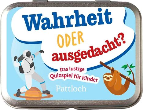 "Wahrheit oder ausgedacht? Das lustige Quizspiel für Kinder. Pattloch." Ein Astronaut und ein Faultier hängen an einem Ast.