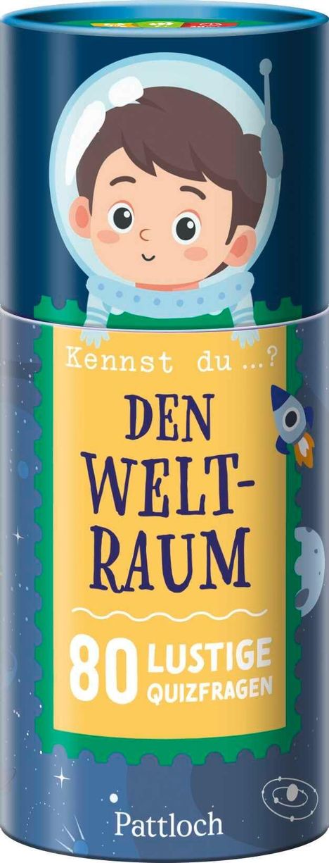 „Kennst du...? Den Weltraum. 80 lustige Quizfragen.“ Illustration mit einem Kind im Astronautenanzug und Raketen.