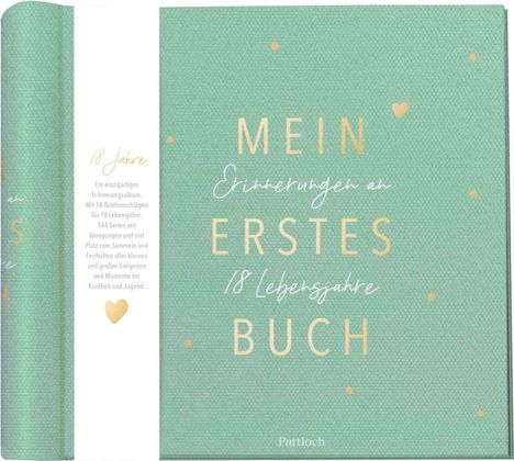 "Mein erstes Buch: Erinnerungen an 18 Lebensjahre." Ein grünes Album mit goldenen Herzmotiven und eleganter Schrift.
