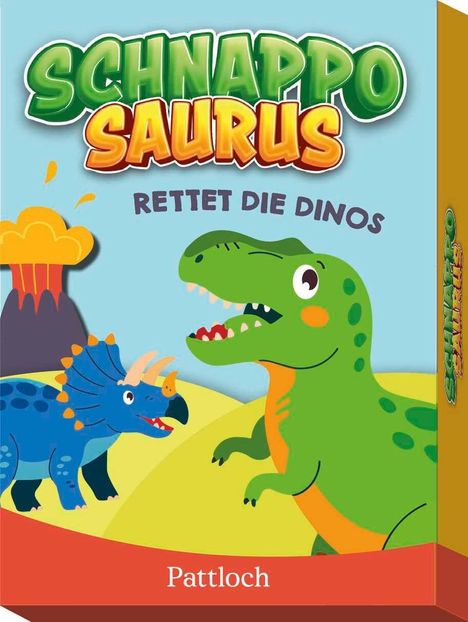 "Schnapposaurus: Rettet die Dinos" steht über zwei fröhlichen Dinosauriern vor Vulkan. Unten steht "Pattloch".