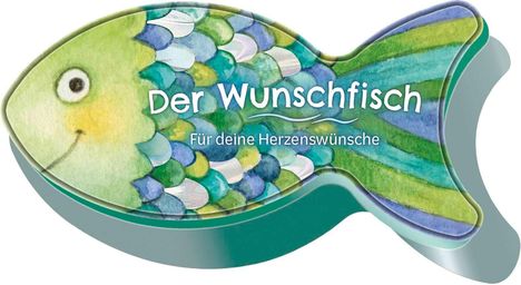 „Der Wunschfisch. Für deine Herzenswünsche.“ Illustration eines bunten Fisches mit freundlichem Gesicht.