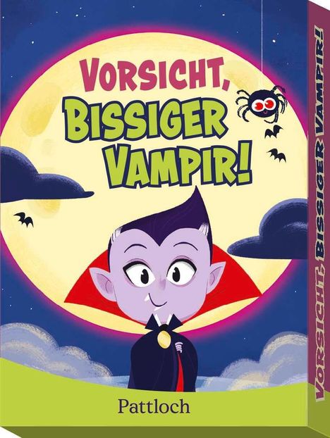 „Vorsicht, bissiger Vampir!“. Eine niedliche Vampirfigur steht vor einem großen, leuchtenden Vollmond.