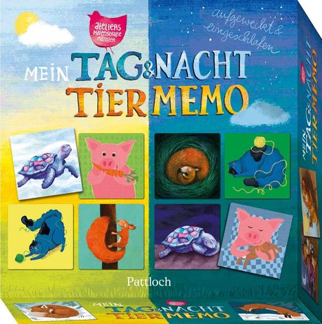 „Mein Tag & Nacht Tier Memo“ steht auf der Verpackung. Eine Illustration mit Tieren wie Schildkröte und Schwein.