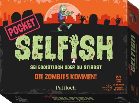 "POCKET SELFISH. Sei egoistisch oder du stirbst. DIE ZOMBIES KOMMEN! 2-4 Zombie-Jäger. Ab 12 Jahren. Spieldauer: 10 Minuten."  
Illustration: Ein Zombie in einer Stadtlandschaft bei Sonnenuntergang.